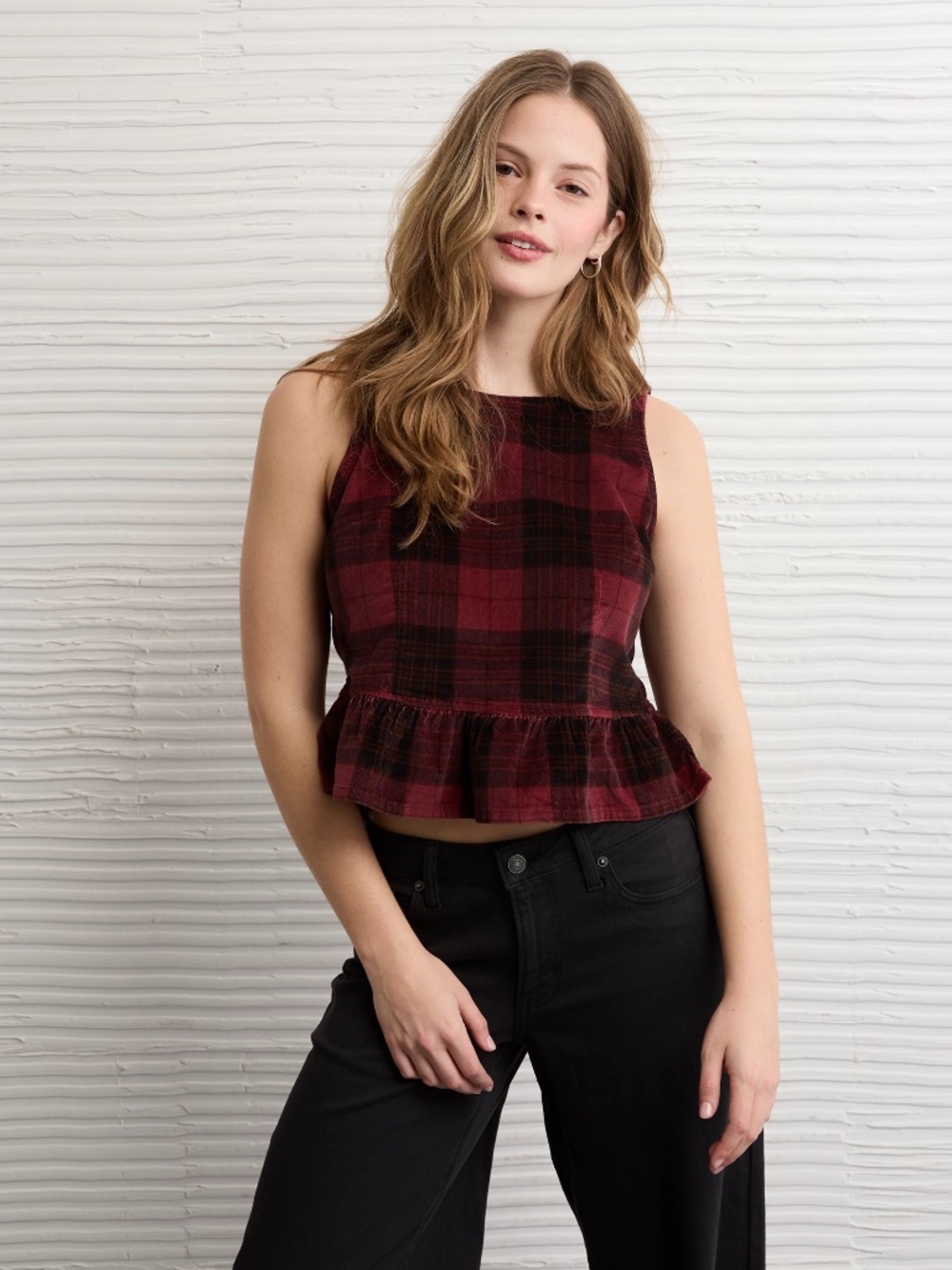 American Eagle Sleeveless Back Bow Peplum Top sz Med Red Plaid Corduroy Holiday